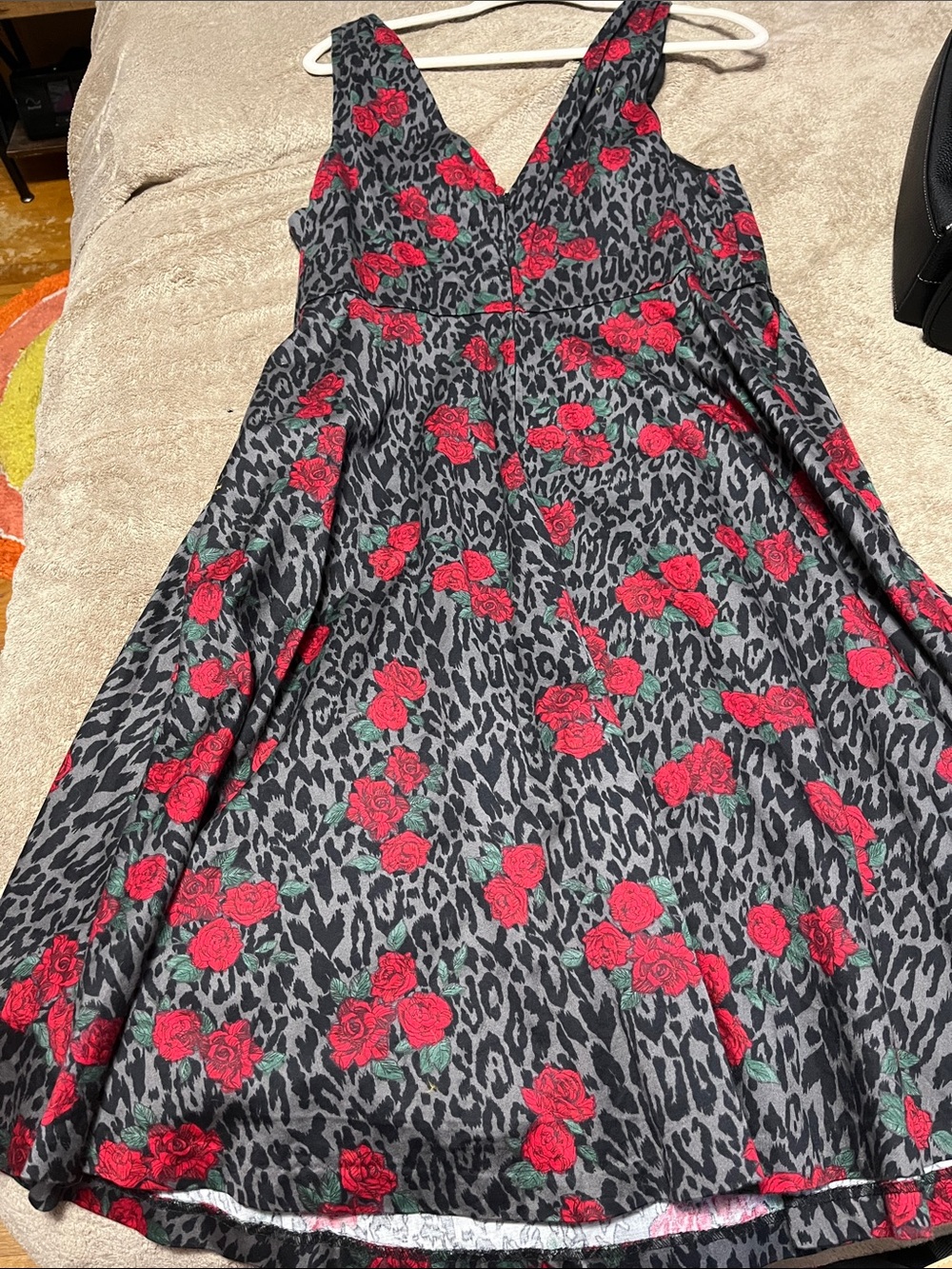 Sleeveless Black Floral-Print V-Neck Dress with Red Roses